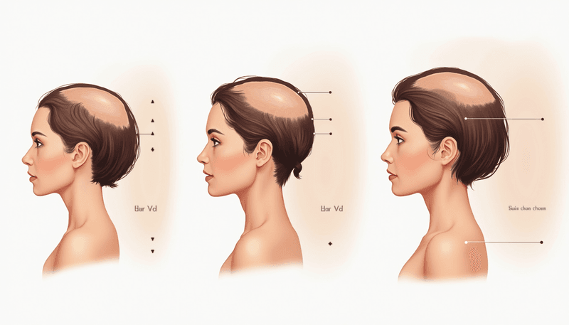 Different stages of female pattern hair loss progression