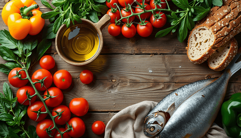 Fresh Mediterranean diet ingredients on a wooden table