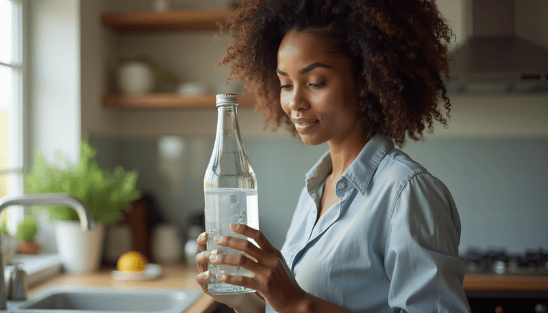 Woman pouring mineral water into a glass while reading nutrition label