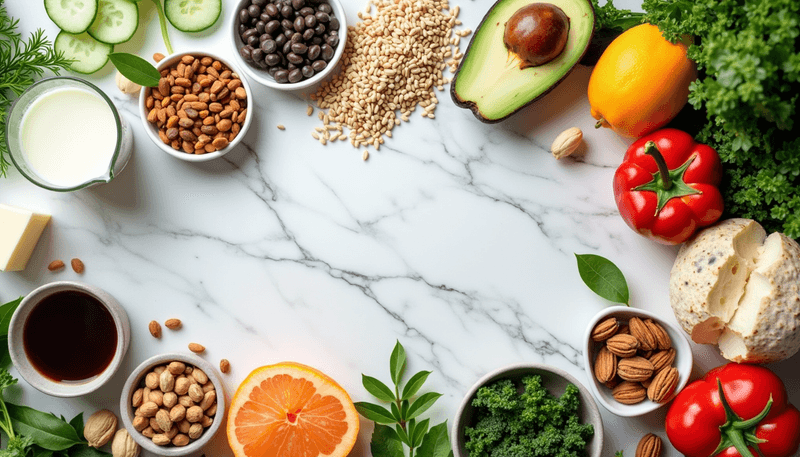 Various nutrient rich foods on table