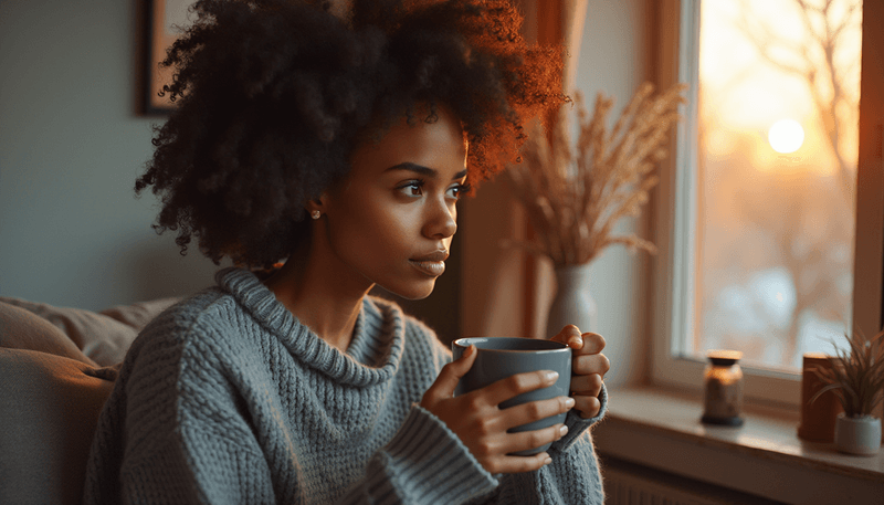 Woman looking thoughtfully out window while holding a cup of tea