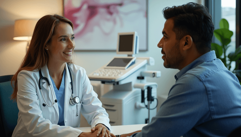 Woman discussing health options with doctor