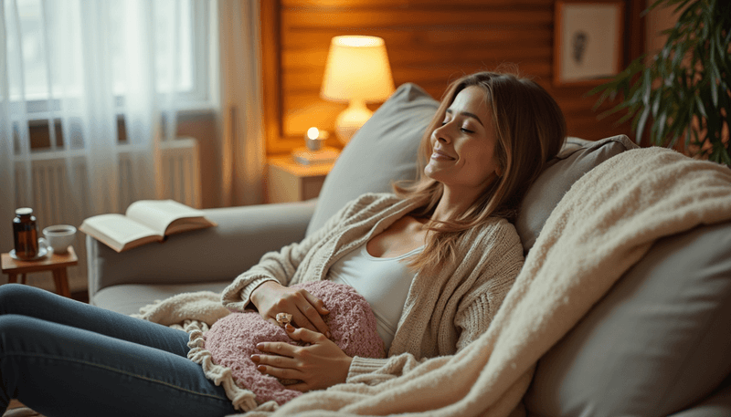 Woman relaxing with a heating pad