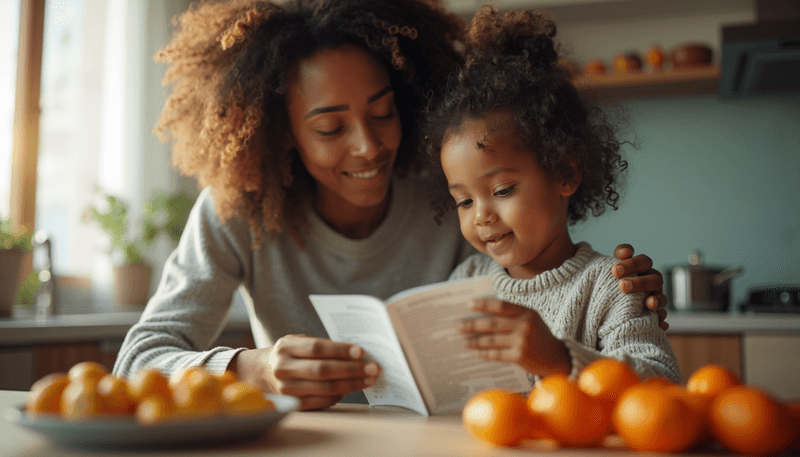 Parent and child reading vitamin label together