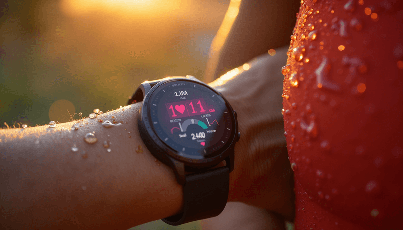 Female athlete running while monitoring various health metrics on smartwatch