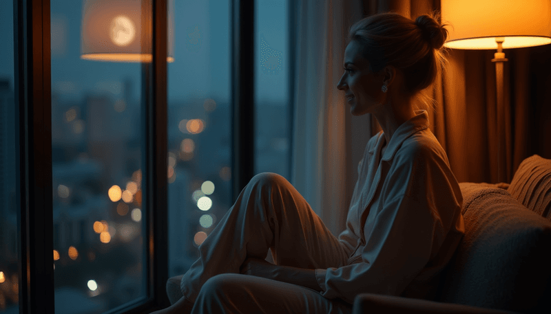 A woman sitting by window at night, looking thoughtful and unable to sleep