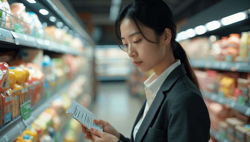 Woman examining food labels in grocery store