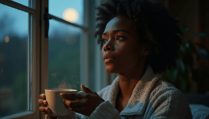 Woman looking tired while drinking herbal tea late at night