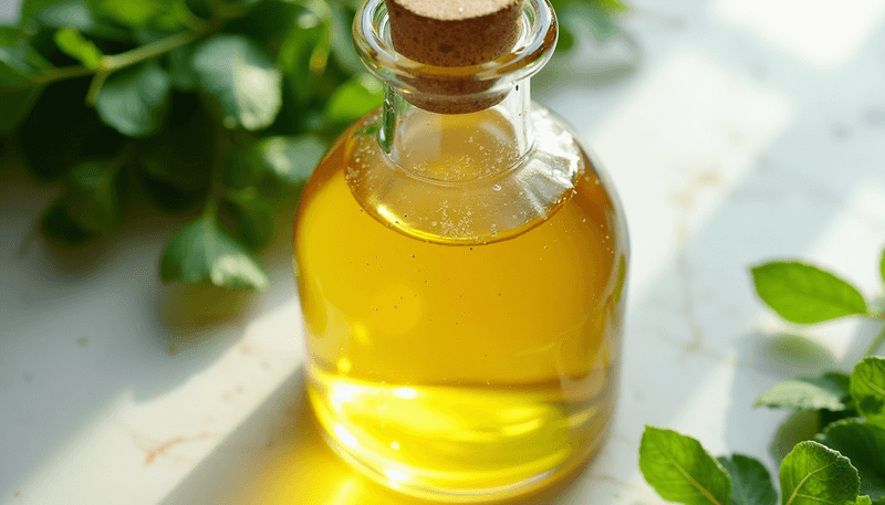 Bottle of golden perilla oil next to fresh perilla leaves