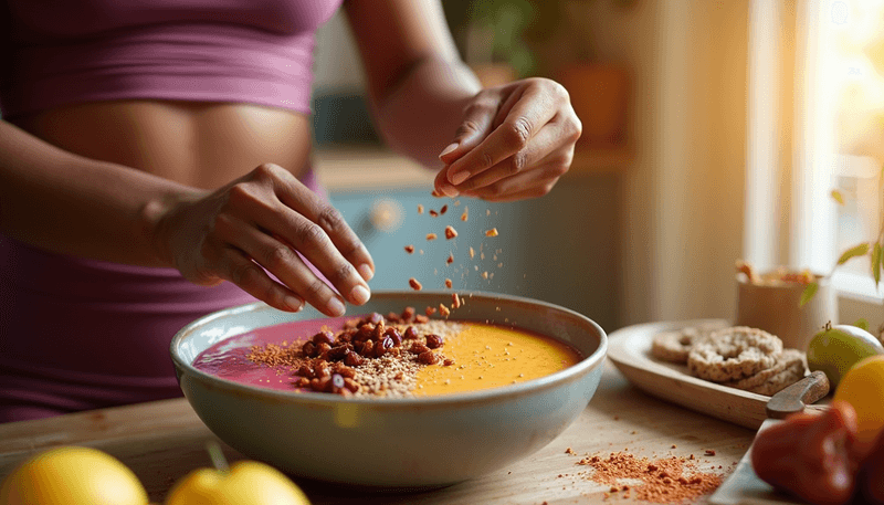 Woman adding dates to her morning smoothie bowl