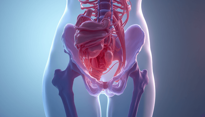 Diagram showing pelvic floor anatomy and connections