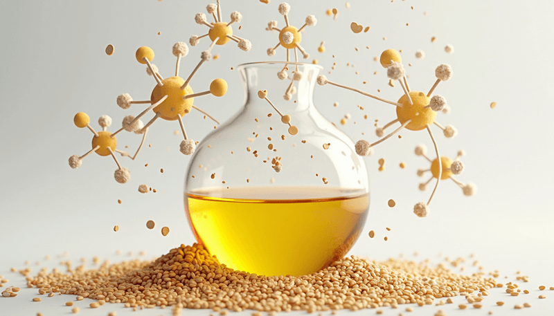 Sesame seeds and oil with molecular structure overlay