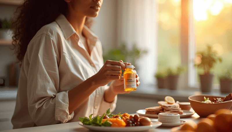 Woman taking vitamin supplements with breakfast