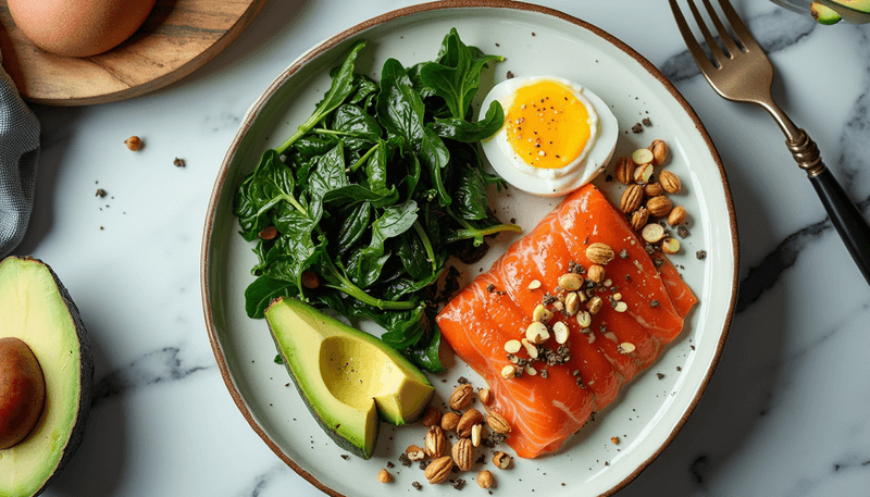 Colorful plate of hair-healthy foods arranged attractively