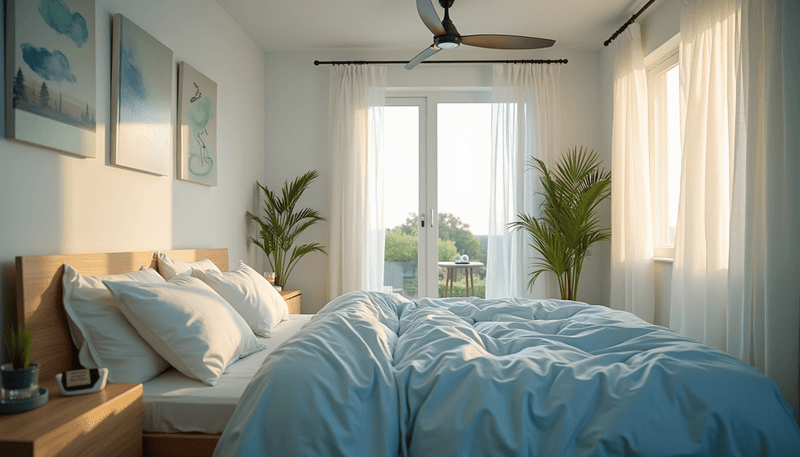 Peaceful bedroom setup with cooling features