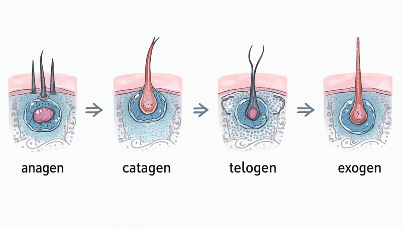 Hair growth cycle showing anagen, catagen, telogen and exogen phases