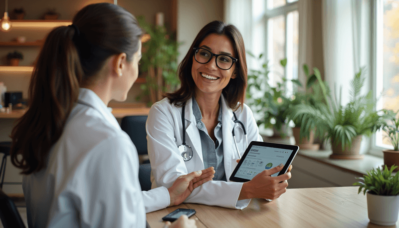 A woman discussing hormone therapy options with her doctor in a warm, welcoming medical office