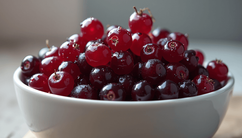 A bowl of fresh dark purple blackcurrants next to a heart illustration