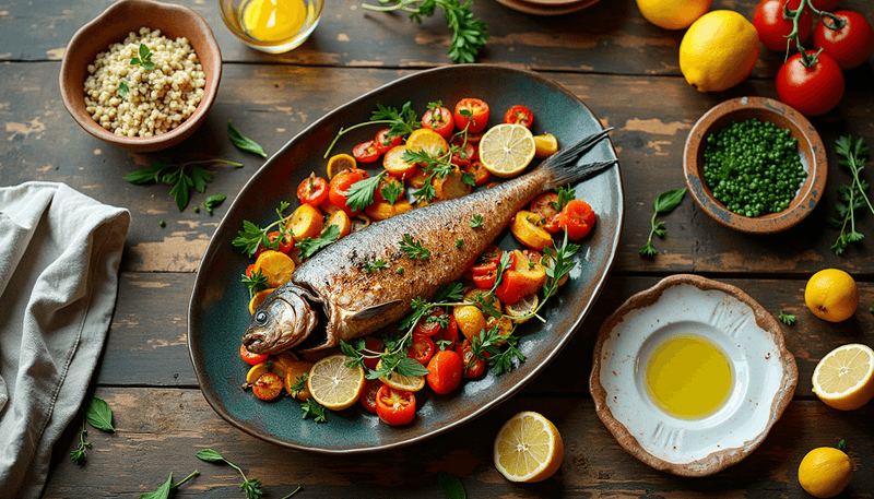 A colorful Mediterranean-style meal spread with fruits, vegetables, whole grains, and fish