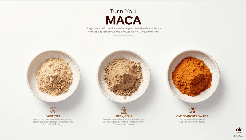 Different colored maca powders with their primary benefits listed