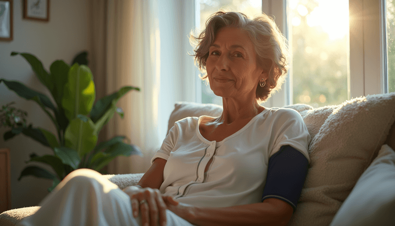 Woman checking blood pressure at home