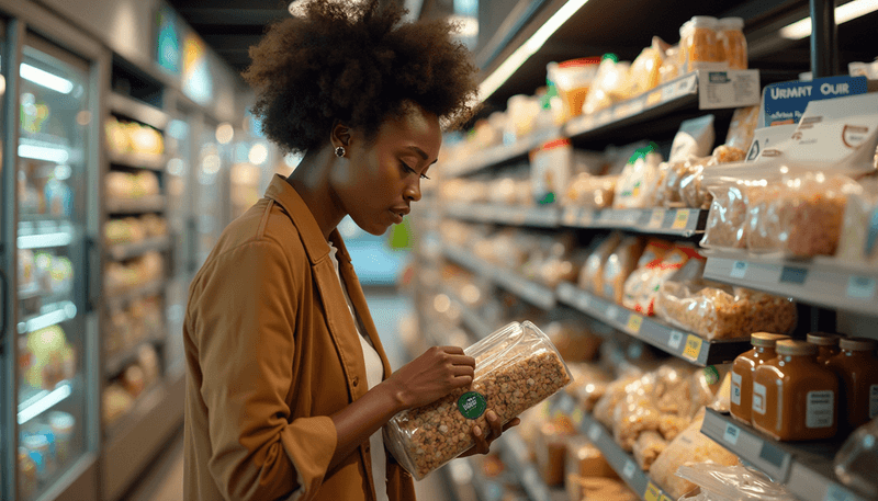 Woman choosing between different soy products in grocery store