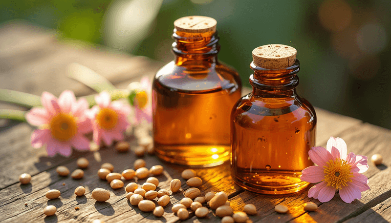 Two bottles of natural oils with flowers and soybeans arranged on a wooden surface