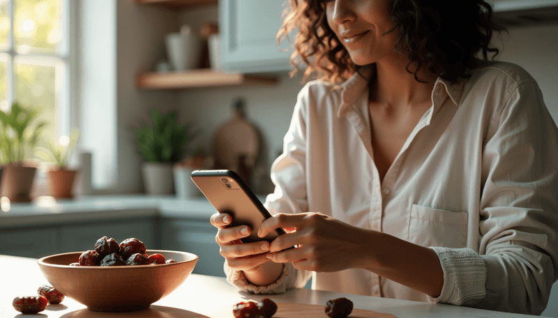 Woman checking her health tracking app while holding dates