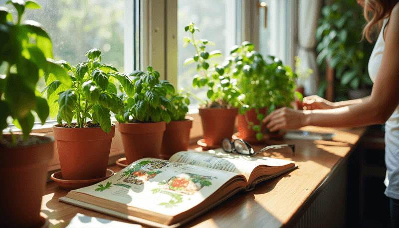 Basil plants in kitchen window with recipe book