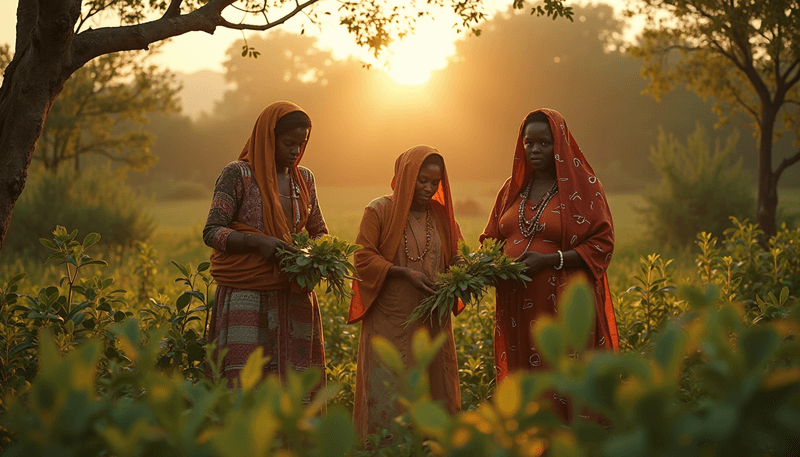 African women gathering medicinal plants in traditional settings