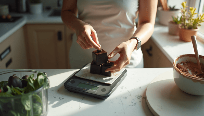 Woman measuring daily portion of dark chocolate