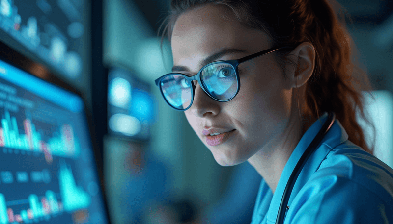 Person wearing blue light glasses while working at night