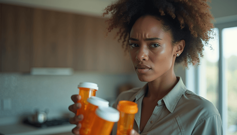 A woman looking frustrated while holding multiple prescription bottles