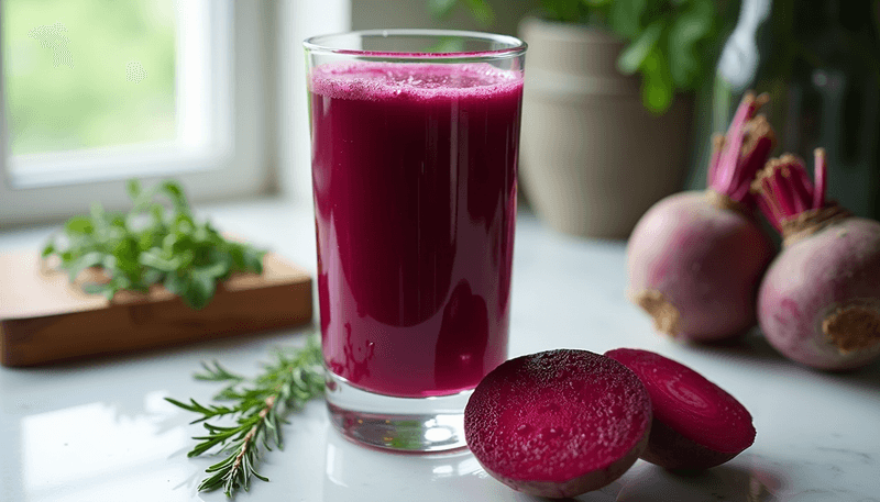 A glass of fresh beetroot juice next to whole beets on kitchen counter