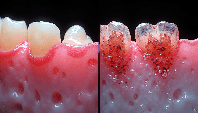 Microscopic view of healthy vs inflamed gum tissue