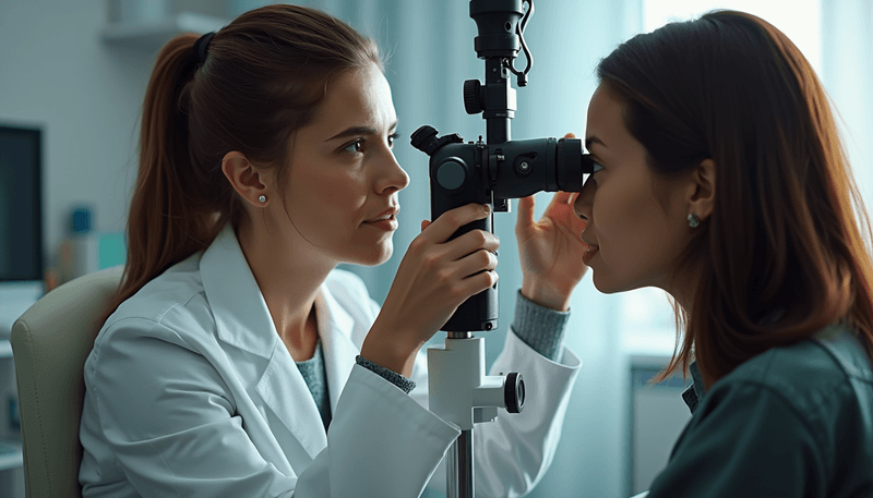 Woman discussing eye health with her doctor during regular checkup