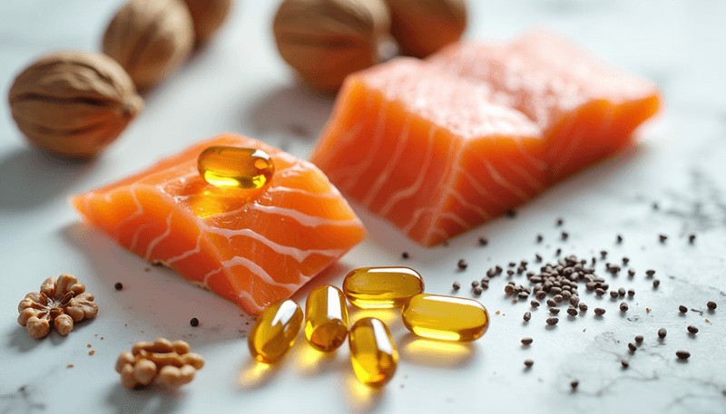 Variety of fish oil supplements and omega-3 rich foods