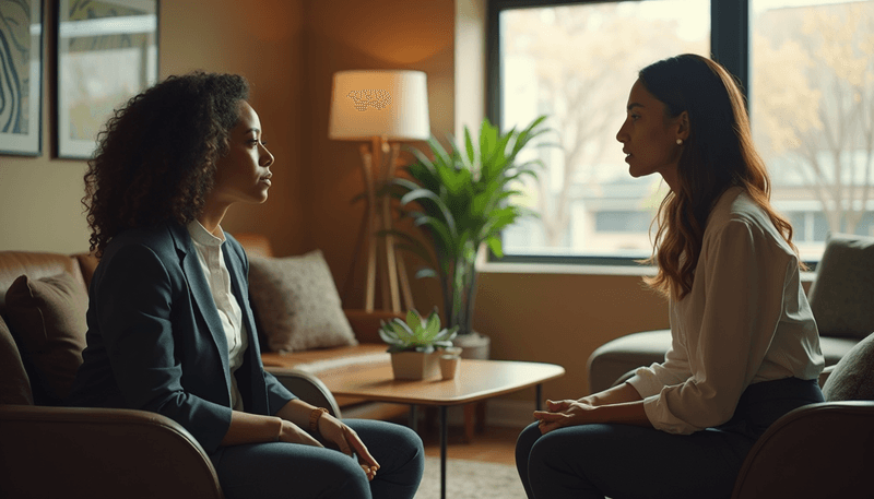 Woman talking to therapist, representing seeking help and support