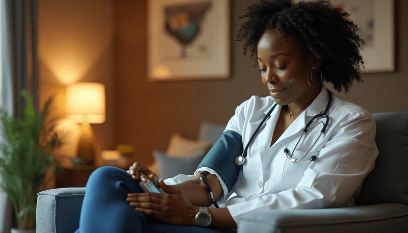 Woman checking blood pressure at home