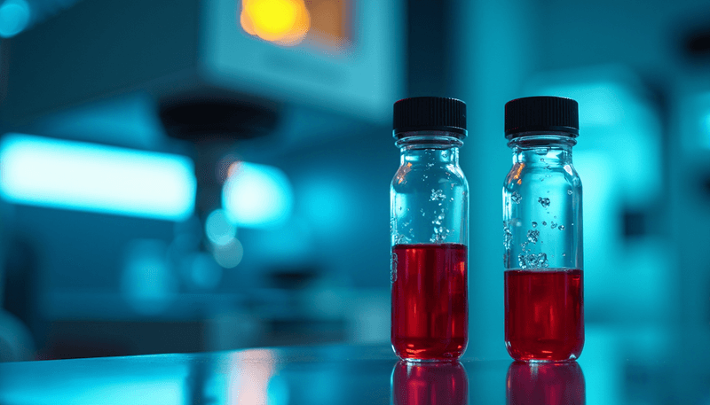 Two vials of blood being analyzed in a modern medical laboratory