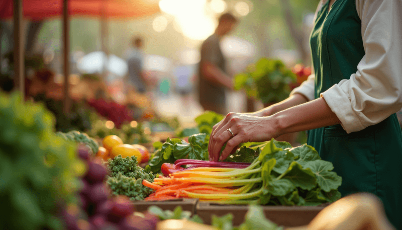 Woman choosing colorful vegetables at farmers market