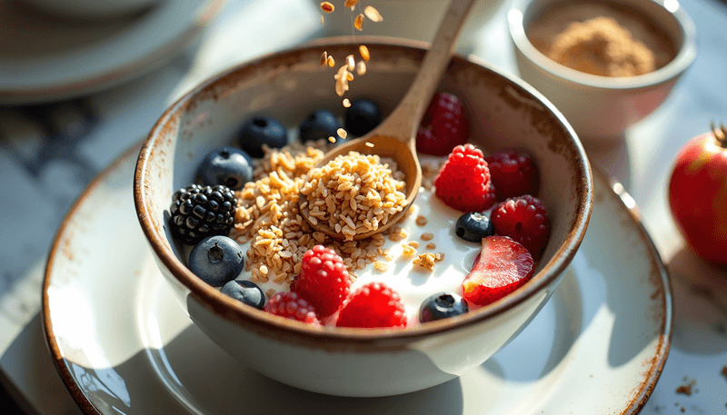 Rice bran supplement being added to a breakfast bowl