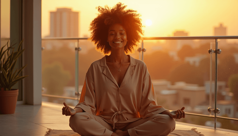 A woman looking peaceful at sunset, illustrating natural melatonin production