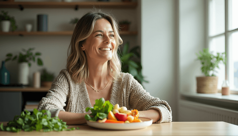 Woman practicing mindful eating with colorful meal