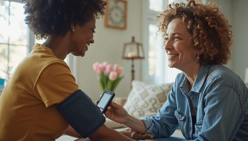 Woman checking blood pressure at home