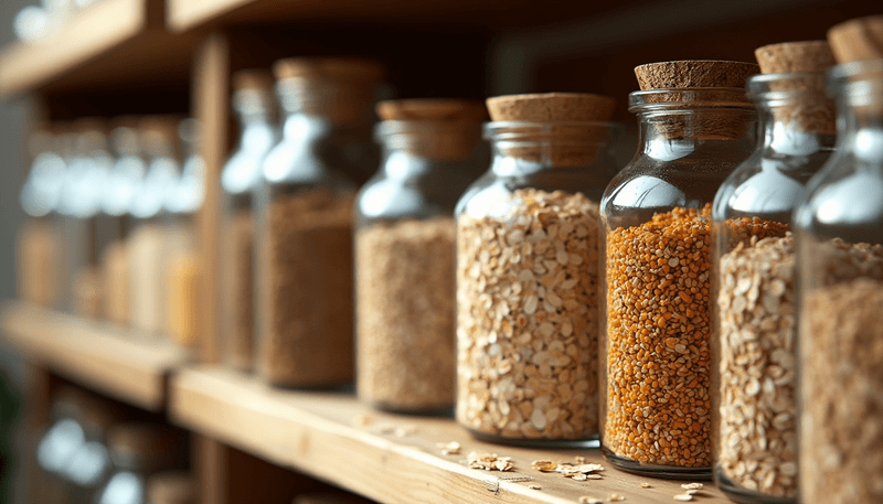 Various whole grains and cereals in glass jars