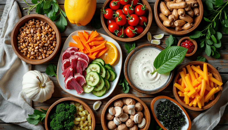 Colorful array of plant based foods on wooden table