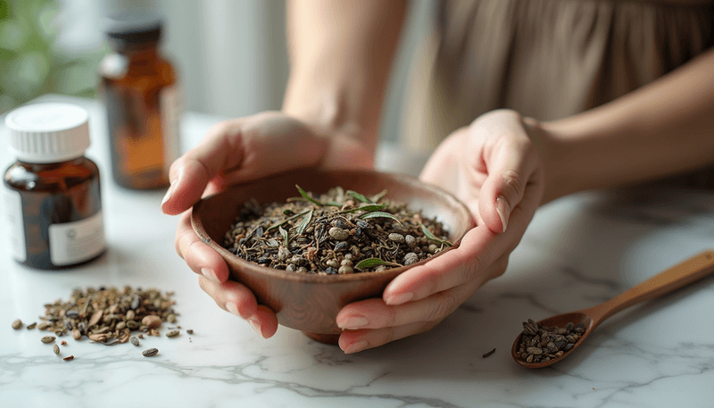 Woman holding traditional Chinese herbs and modern supplements together