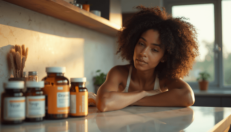 Woman looking thoughtfully at vitamins and supplements on her kitchen counter