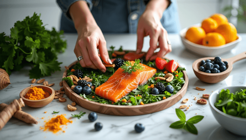 Woman preparing anti-inflammatory foods in kitchen